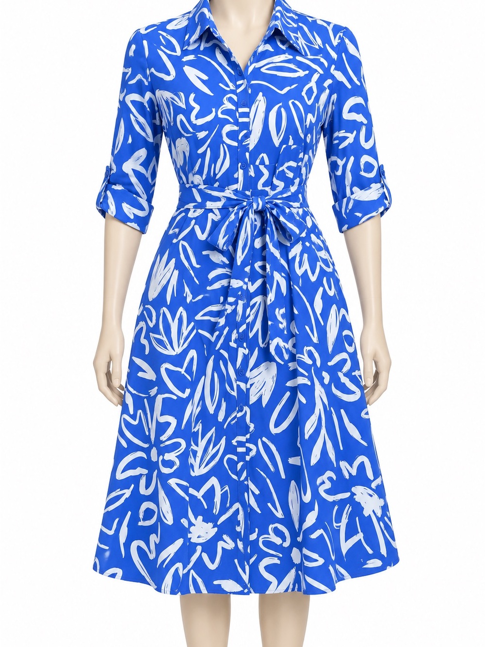 Ashly & Sage Blue White Floral Belted Midi Shirt Dress M